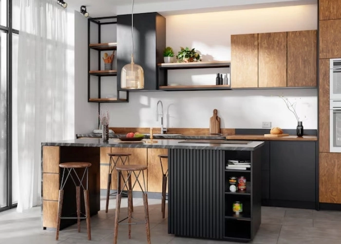 Modern Kitchen with Black and Wooden Cabinets