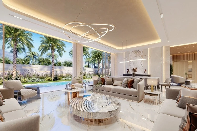 Luxury Living Room with Pool View