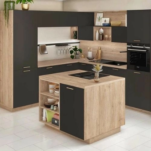 Modern Kitchen with Black and Wooden Cabinets