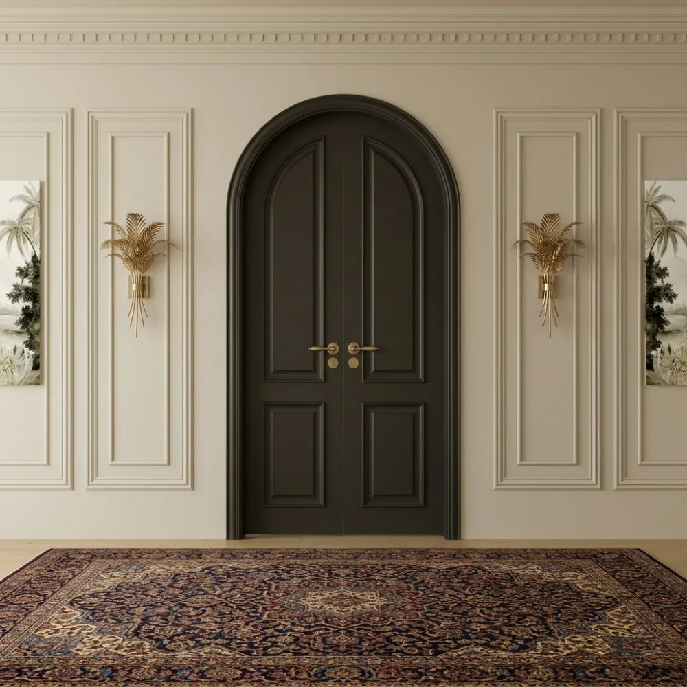 Luxury arched black double doors.