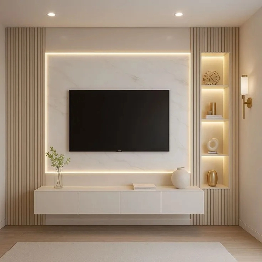 White marble backlit TV panel.