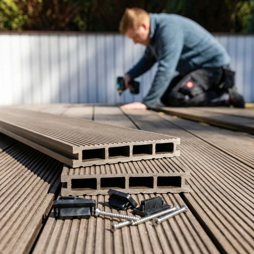 Close-up of WPC decking cross-section and fasteners.