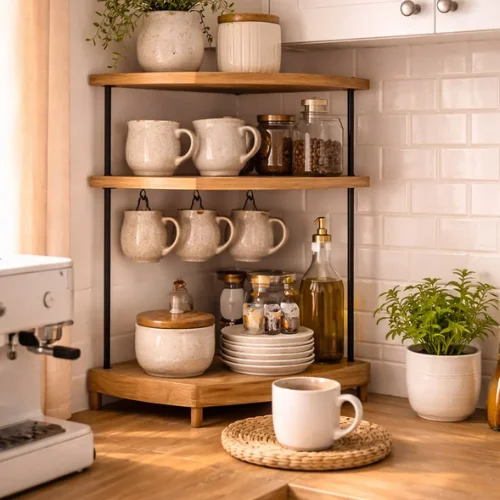 Wooden corner shelves for modern interiors.